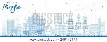 Outline Ningbo China City Skyline with Blue Buildings. Business Travel and Tourism Concept with Historic Architecture. Ningbo Cityscape with Landmarks.