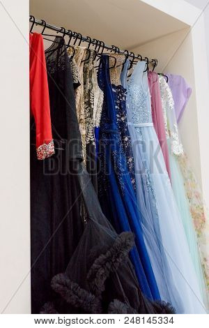Many Ladies Evening Gown Long Dresses On Hanger In The Dress Rent Shop For The Wedding Day Or Photo 