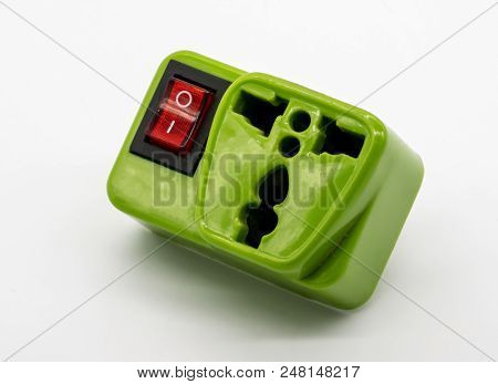 Green Universal Plug Adapters, Travel Adapters With On-off Switch On White Background