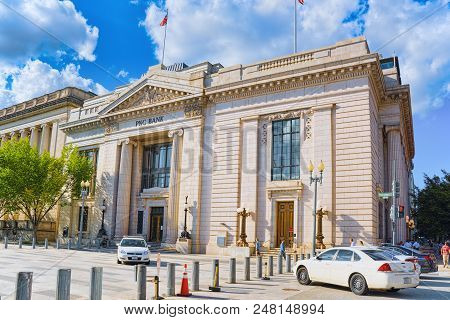 Washington, Usa, Urban Cityscape Of The City. Building Of The  Bank Of America.
