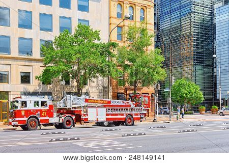 Washington, Usa, Urban Cityscape, Large Fire Truck On  Pennsylvania Ave Nw.