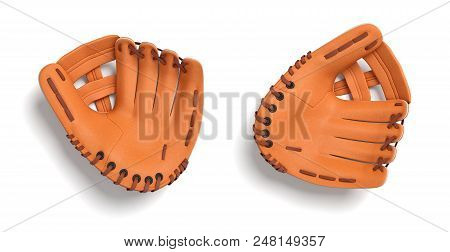 3d Rendering Of Two Left Handed Orange Baseball Gloves Lying On A White Background In A Top View. Un