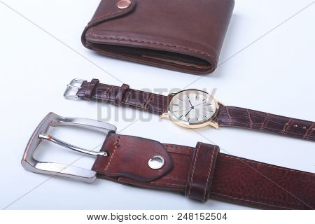 Men's Accessories For Business And Rekreation. A Professional Studio Photograph Of Men's Business Ac