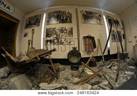 Flam railway museum.Station old Flam Railway. The  Flamsbana is a 20.2-kilometer long railway line between Myrdal and Flam in Aurland, June 17,2018. Flam, Norway, Scandinavia.