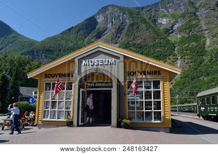 Flam railway museum.Station old Flam Railway. The  Flamsbana is a 20.2-kilometer long railway line between Myrdal and Flam in Aurland, June 17,2018. Flam, Norway, Scandinavia.