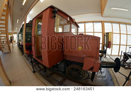 Flam railway museum.Station old Flam Railway. The  Flamsbana is a 20.2-kilometer long railway line between Myrdal and Flam in Aurland, June 17,2018. Flam, Norway, Scandinavia.