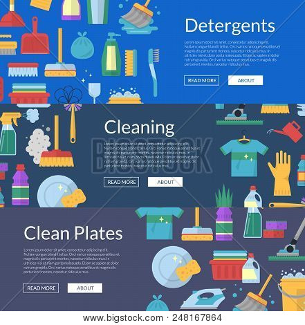 Vector Cleaning Flat Icons Horizontal Web Banners And Posters Illustration