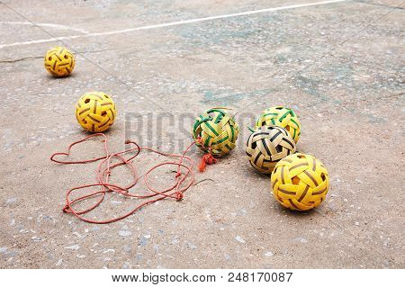 Group Of Old Sepak Takraw In School On The Concrete Floor - Back To School Concepts