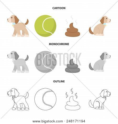 Dog Sitting, Dog Standing, Tennis Ball, Feces. Dog Set Collection Icons In Cartoon, Outline, Monochr