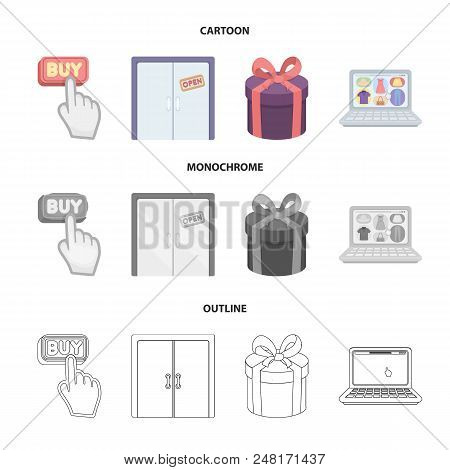 Hand, Click, Elevator, Gift, Box, Door, Online Store And Other Equipment. E Commerce Set Collection 