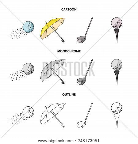 A Flying Ball, A Yellow Umbrella, A Golf Club, A Ball On A Stand. Golf Club Set Collection Icons In 