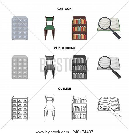Cabinet With Filing Cabinet, Chair, Shelves, Information Search. Library And Bookstore Set Collectio