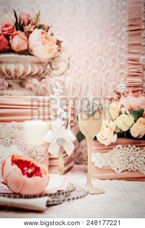 Glasses And Decoration On Wedding Table Setting, Selective Focus