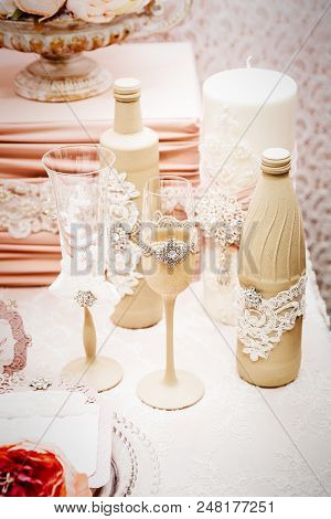 Glasses And Decoration On Wedding Table Setting, Selective Focus