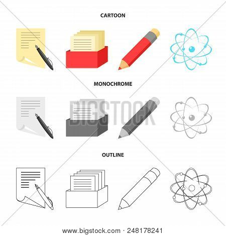 A Pen With Paper, A Catalog In A Box, A Red Pencil, An Atom With A Core. School Set Collection Icons