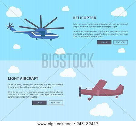 Helicopter And Light Aircraft Set Of Banners With Inscription. Vector Illustration Of Plane And Type