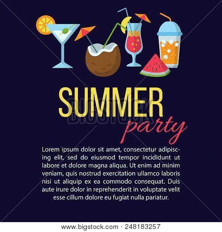 Summer Party Flat Poster With Set Of Various Cocktails Drinks Beverages Vector Illustration. Creativ