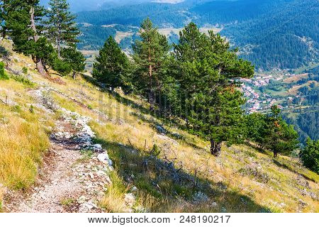 Pathway From Panoramic Mountain Viewpoint Eagle Eye, Orlovo Oko In Rhodope Or Rodopi Mountains In Bu