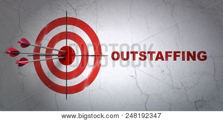 Success Business Concept: Arrows Hitting The Center Of Target, Red Outstaffing On Wall Background, 3