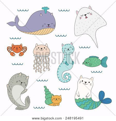 Hand Drawn Vector Illustration Of A Kawaii Funny Sea Animals With Cat Ears, Swimming In The Sea. Iso