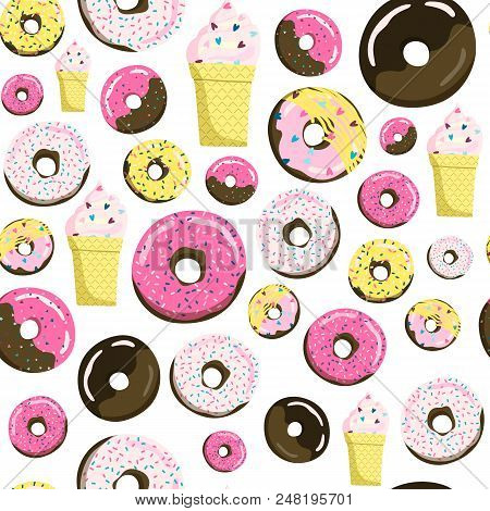 Sweet Seamless Donuts, Coffe And Ice Cream Pattern. Summer Party Background With Flags Garland. Can 