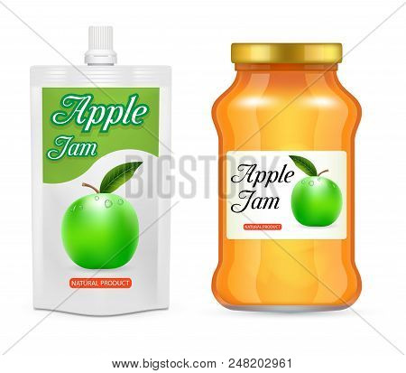 Apple Jam Packaging Mockup Set. Vector Realistic Illustration Of Glass Jar And Doypack Plastic Bag W