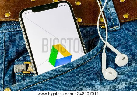 Sankt-petersburg, Russia, April 14, 2018: Google Drive Application Icon On Apple Iphone X Screen In 