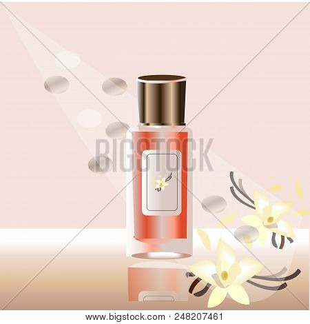 Bottle Of Perfume With Flowers On Color Background, Cinnammon. Light, Vector Card