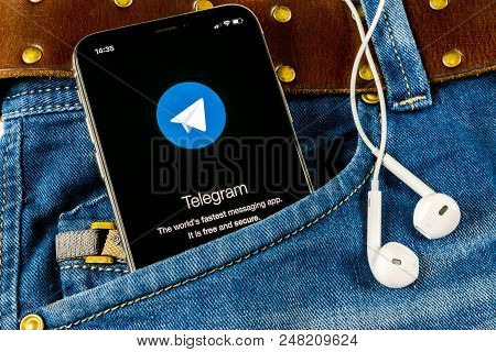 Sankt-petersburg, Russia, April 14, 2018: Telegram Application Icon On Apple Iphone X Screen In Jean
