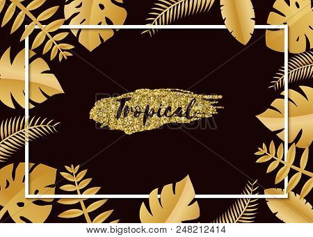 Composition With Luxury Golden Jungle Leaves On White Background In Paper Cut Style. Tropical White 