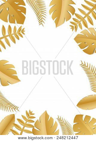 Composition With Luxury Golden Jungle Leaves On White Background In Paper Cut Style. Tropical Gold L