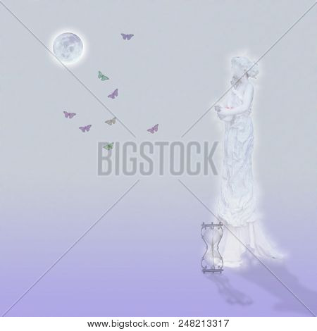 Woman`s marble statue and butterflies. Glowing moon and hourglass. 3D rendering