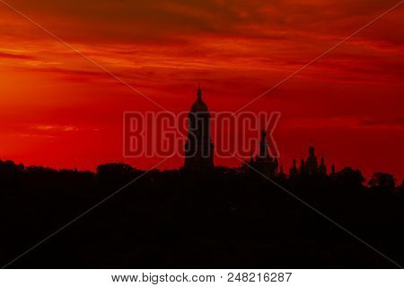 Siluette To Lavra Monastery, Kiev Landmark. Red Sunset