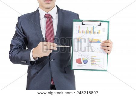Asian Businessman Show Chart On White Background With Success Feeling, Business Presentration Concep