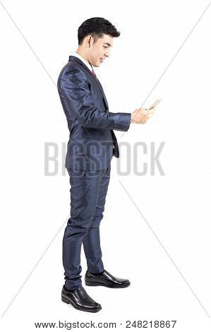 Asian Businessman Using Smartphont With Attractive Smiling Isolated On White Background.