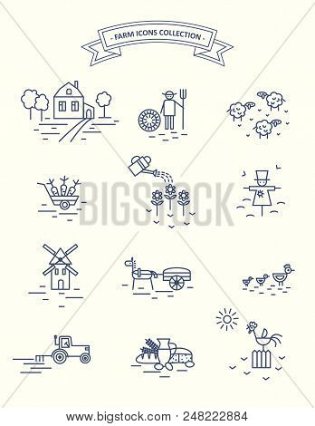 Farm And Agriculture Life Icons Set. Illustration Of Different Farm Activities.