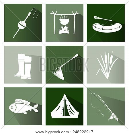 Fishing Icons With Long Shadows. Concept For Fishing Market, Club.