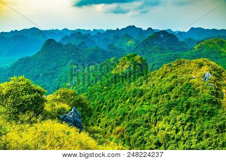 Halong Bay Mountain Viewpoint From Cat Ba Island, Ngu Lam Peak In Vietnam