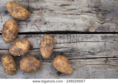 Still Life Dirty Rusic Potatoes Harvst Crop Top View Flat Layout Background