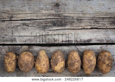 Still Life Dirty Rusic Potatoes Harvst Crop Top View Flat Layout Background