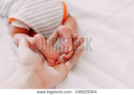 Feet Of Newborn Baby In Mother's Hand