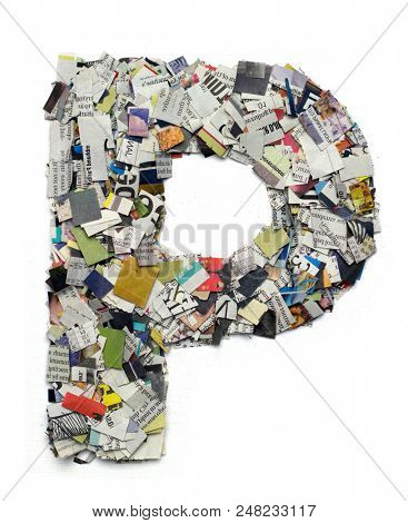 Letters made from newspaper capitel P  isolated on white 