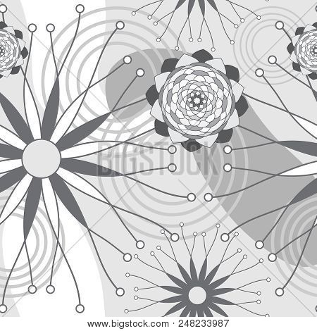 Grey And White Geometric Modern Flowers Seamless Repeat Pattern. Seamless Vector Background. Pattern