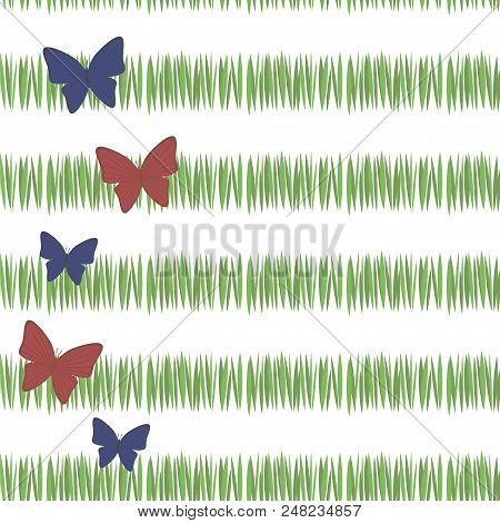 Green Simple Green Grass Stripes Postcard Freshness Tea Vegetation With Red And Blue Butterflies Wit