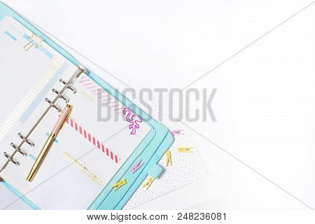 Feminine Stationery: Colorful Paper Binder Clips Palm And Flamingo Shape On White Table Background W