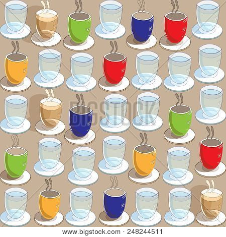 Coffee Cups Tea Cups and Glasses of Water Seamless Repeat Pattern.Seamless vector background. Pattern Background. Surface pattern Design, Perfect for Fabric, Scrapbooking, Gift wrap.