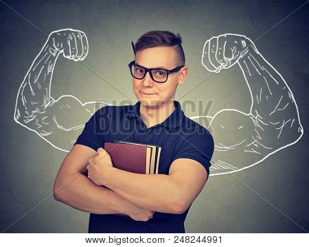 Strong Nerd Man With Books Feeling Powerful