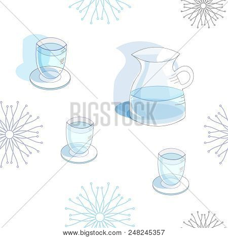 Light Blue Water Jug Glasses Of Water, Seamless Repeat Pattern.seamless  Background. Pattern Backgro