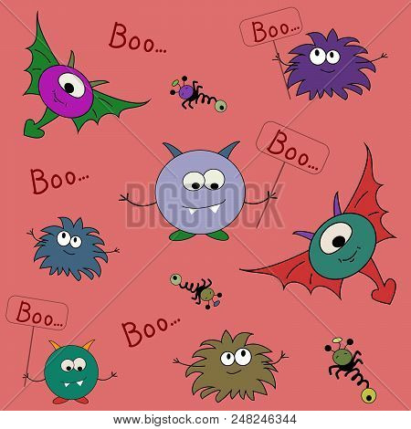 Seamless Vector Pattern With Cartoon Monsters. Cartoon Print. Print For Textiles. T-shirt Graphics F