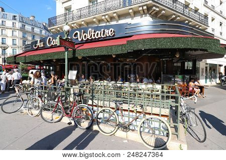 Paris, France-june 26, 2018 : The Traditional French Cafe Le Cadran Voltaire Located Boulevard Volta